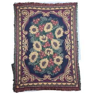 Vintage Goodwin Weavers Throw Blanket 45X65 USA Tuscan Sunflower Fringe Tapestry